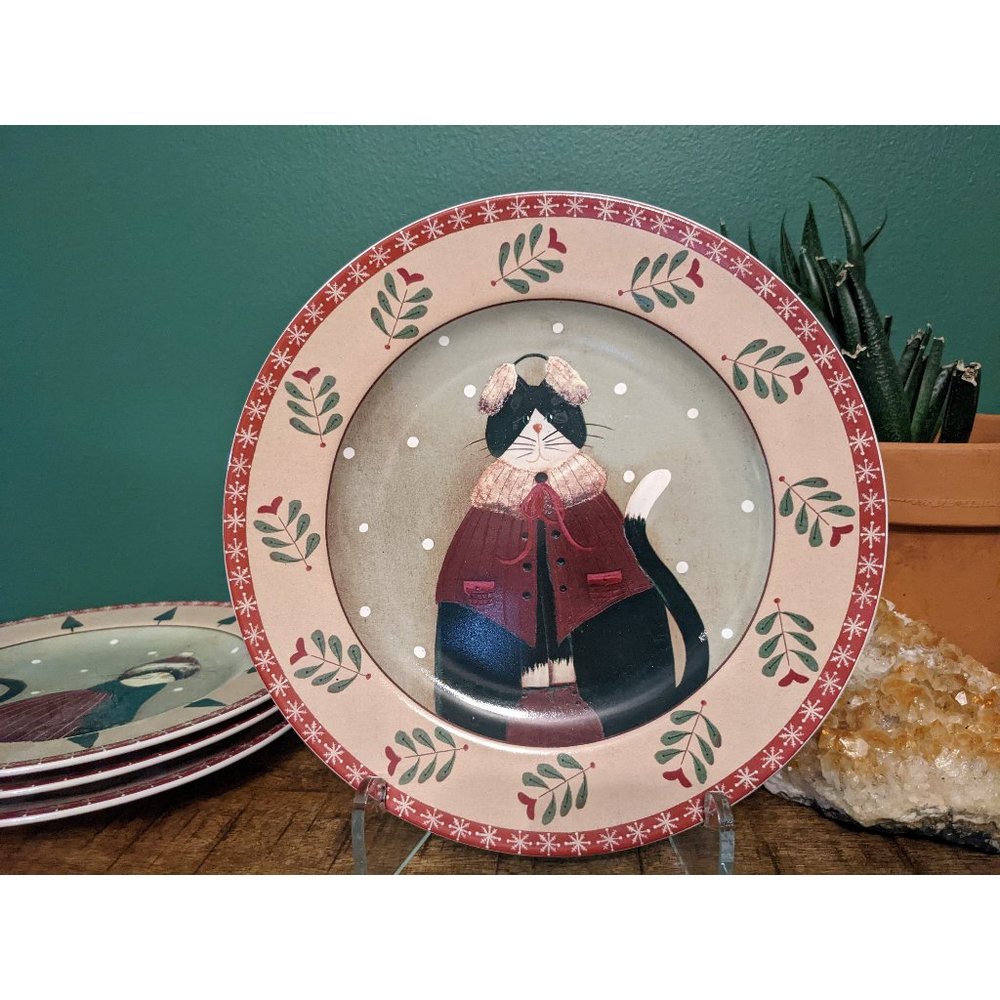 Vintage Oneida Fiddlestix Holiday Cats Stoneware Plates - Set of Four